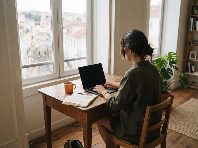 Trabalhador independente ao portátil num apartamento luminoso em Lisboa